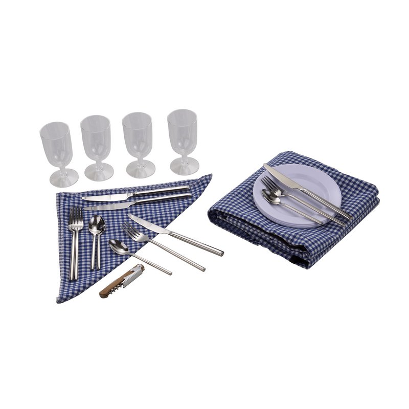 LAGUIOLE, Panier Pique-Nique pour 4 Personnes, Osier, Coton, Céramique, Métal et PVC, Repas Nomades, Plein Air, Extérieur, Camping, Randonnée, Marron