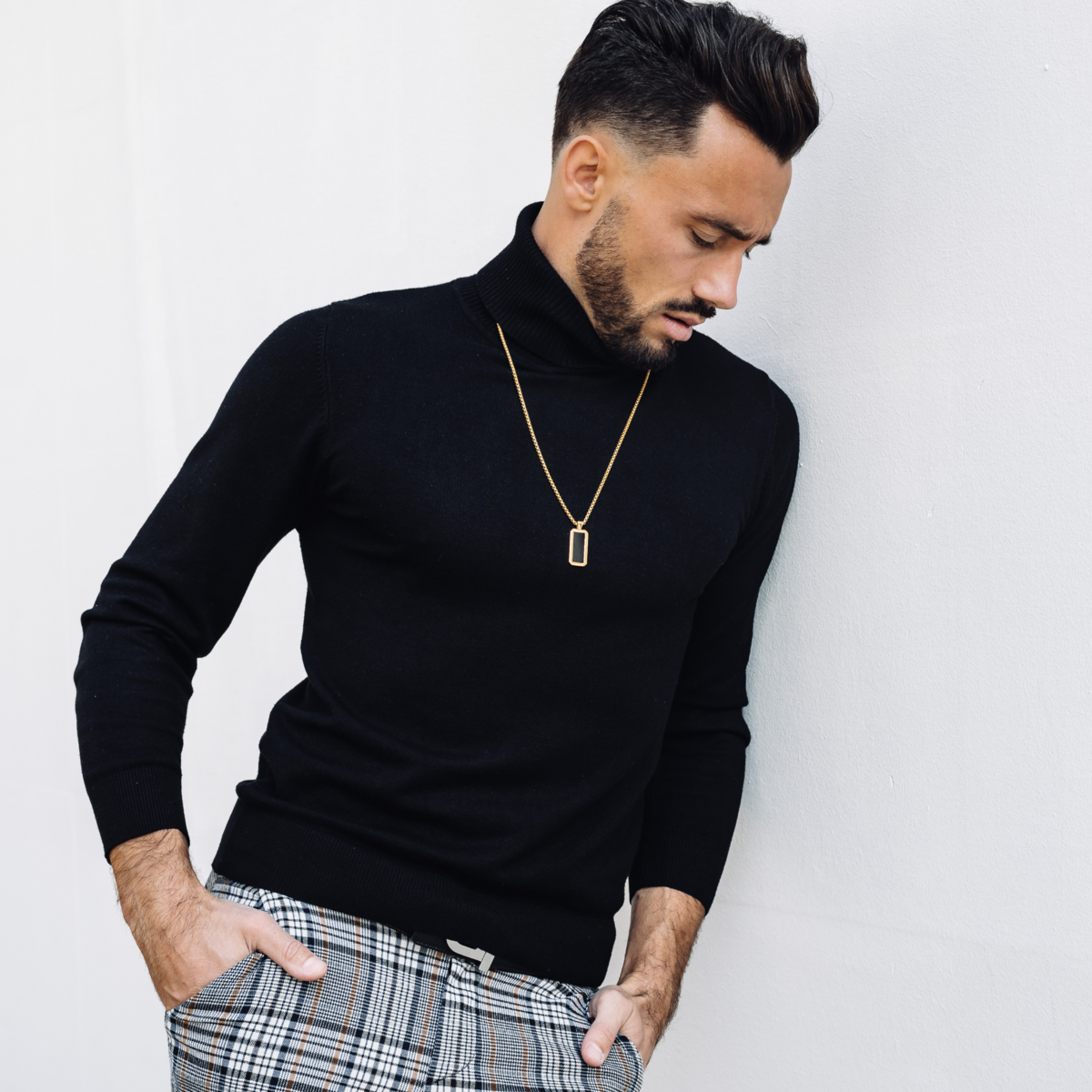 Collier en acier inoxydable doré pour hommes avec pendentif en onyx rectangle