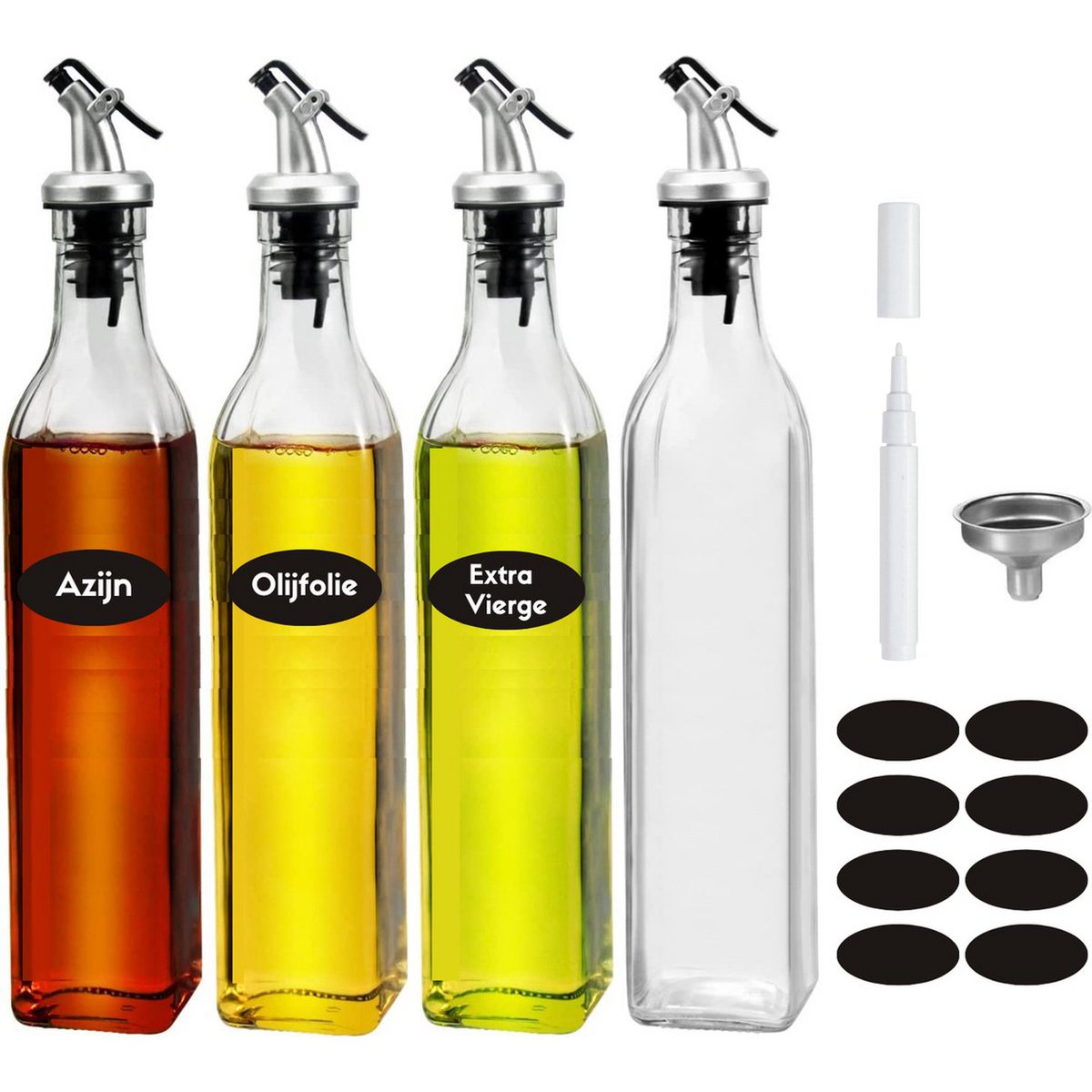 Olie- en azijndispenserflessenset - 4 stuks - 500 ml - met schenktuiten, trechter, stickers en stift