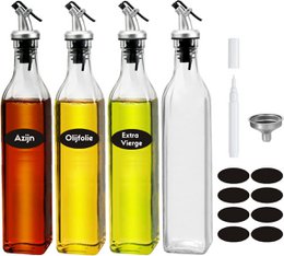 Ensemble de bouteilles distributrices d'huile et de vinaigre - Paquet de 4 - 500 ml - Avec becs verseurs, entonnoir, autocollants et marqueur
