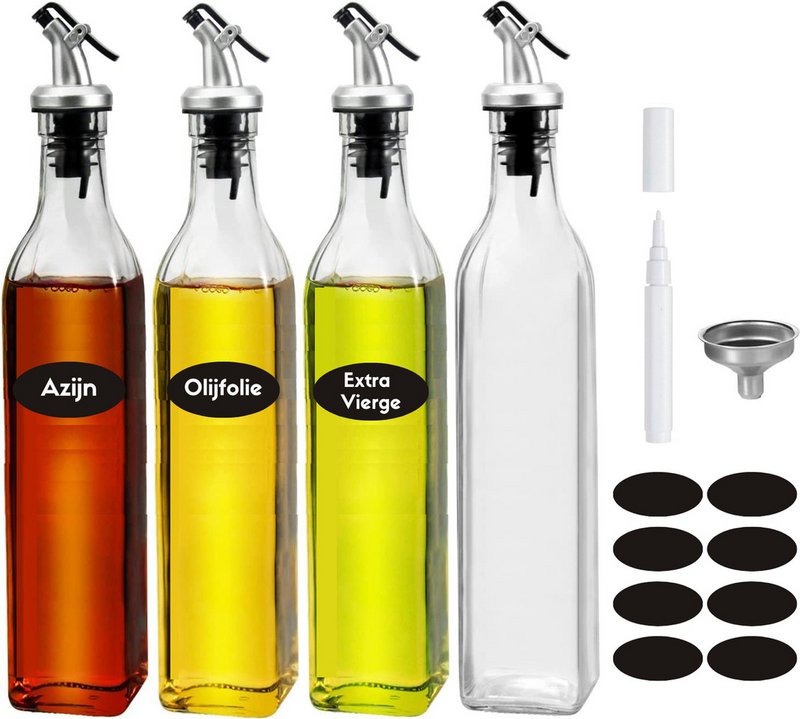 Juego de botellas dispensadoras de aceite y vinagre, paquete de 4, 500 ml, con boquillas vertedoras, embudo, pegatinas y marcador