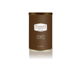 Turkish coffee in a brown tin container with the Tahmis brand name. The coffee is available in 250g, 100g, and 500g variants.