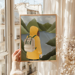 Poster norway fjorden woman in yellow rain jacket - hiking trip Scandinavia - Norwegian mountains