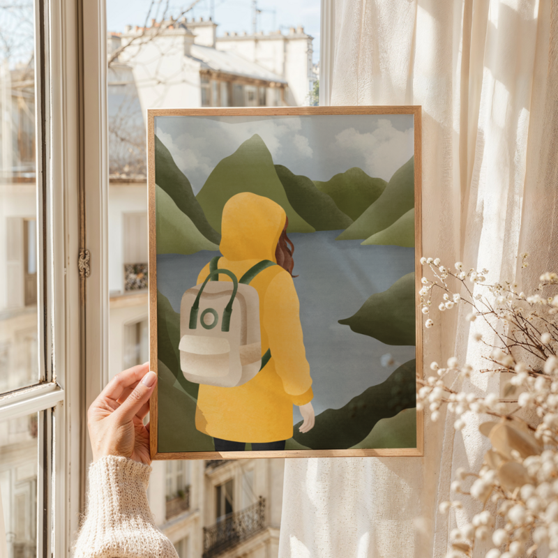 Poster norway fjorden woman in yellow rain jacket - hiking trip Scandinavia - Norwegian mountains
