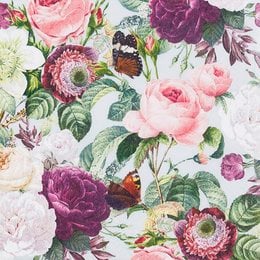 "Floral napkins with vibrant pink and purple roses, daisies, and butterflies. Ideal for formal or casual dining, these napkins add a touch of elegance to any table setting."