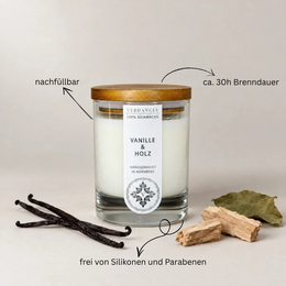 Vanilje og træ | Duftende stearinlys sojavoks – vanilje, patchouli og sandeltræ – varm og hyggelig