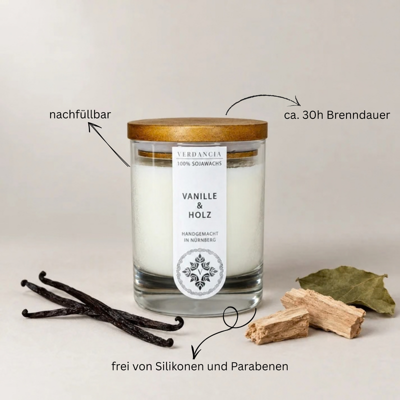 Vanilje og træ | Duftende stearinlys sojavoks – vanilje, patchouli og sandeltræ – varm og hyggelig