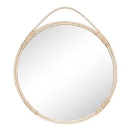 A round wall mirror with a natural wood frame and a hanging rope. The mirror has a simple, minimalist design that would complement a variety of decor styles.