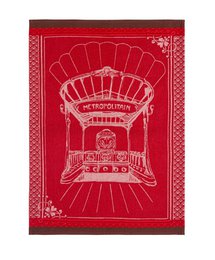  Red tea towel with white architectural building design, geometric pattern, vintage style kitchen textile.