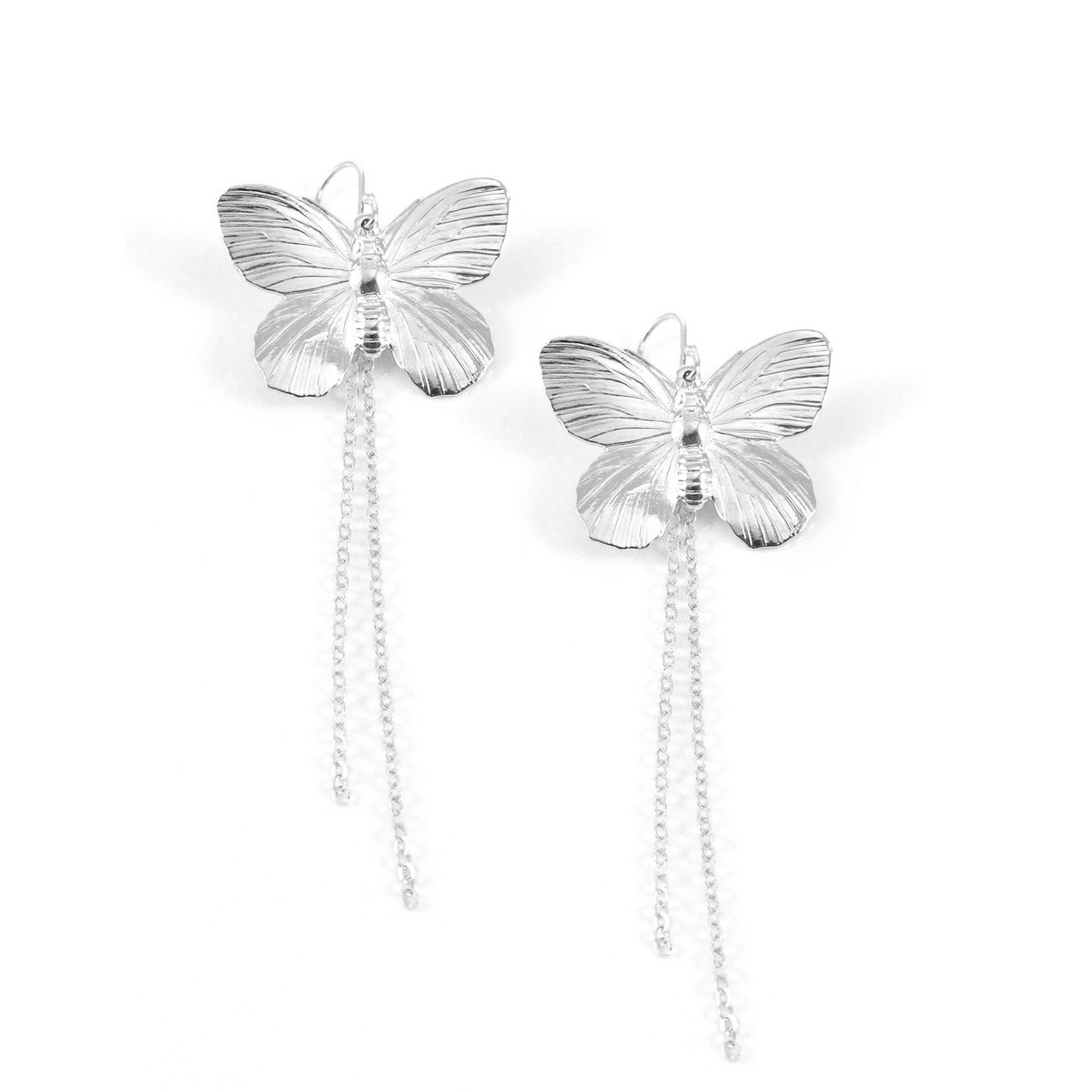 Long-length rhodium plated butterfly earrings