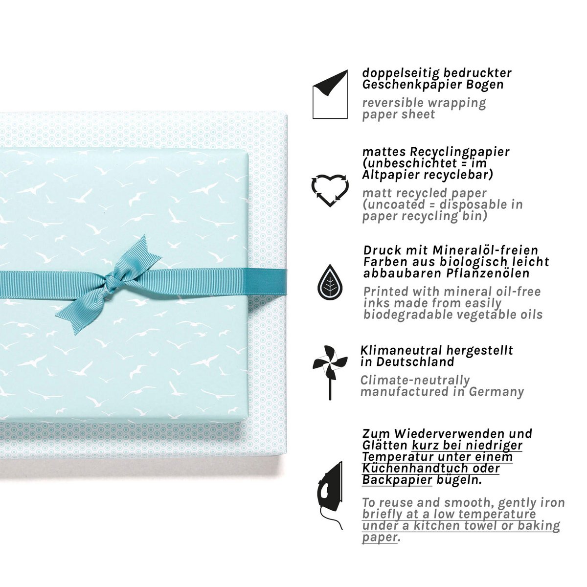 Vögelpappapier Mint - Maritiem inpakpapier met meeuwen, als een geschenkverpakking voor de bruiloft, voor geboorte of doop