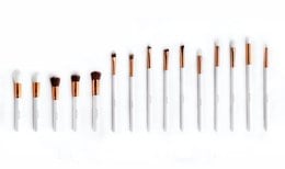 15-piece professional white makeup brush set with clutch, includes various brush shapes and sizes for face makeup application.