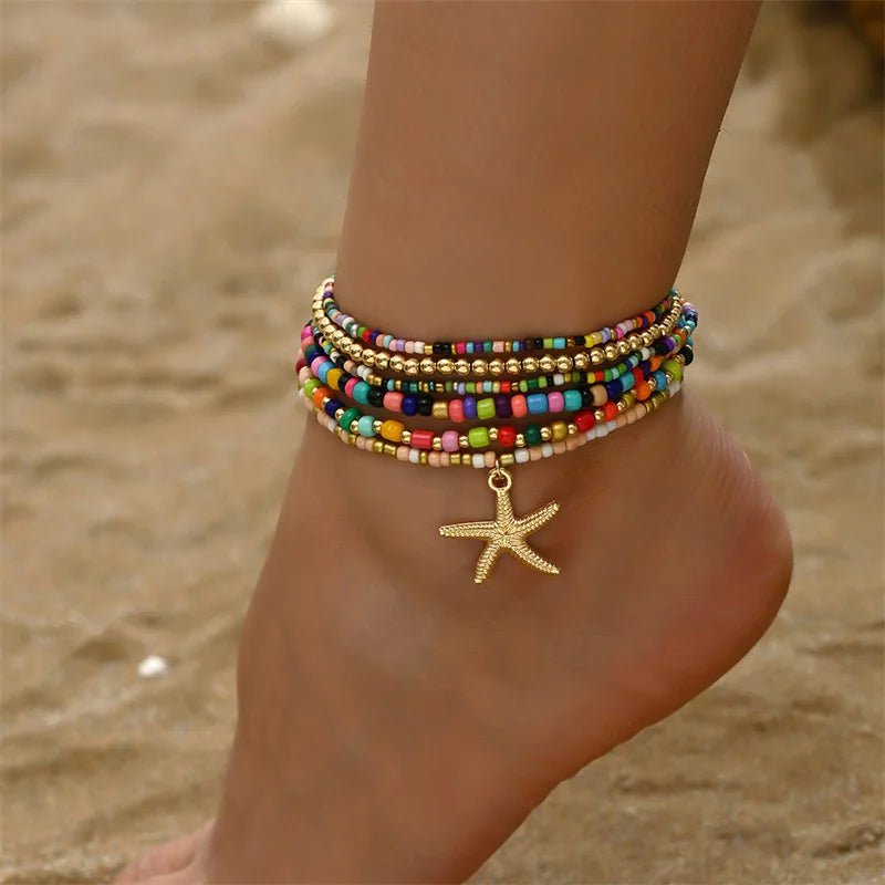 Bohemia Multilayer Rice Bead Ankelsæt til Kvinder Fashion Starfish Vedhæng Ankelkæder Sommer Sandstrand Ankelkæde På Ben Smykker