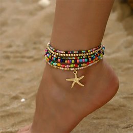 Bohemia Multilayer Rice Bead Ankelsæt til Kvinder Fashion Starfish Vedhæng Ankelkæder Sommer Sandstrand Ankelkæde På Ben Smykker