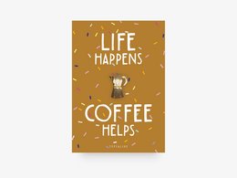 A gold-colored brooch in the shape of a coffee pot with the text "Life happens, coffee helps" on a yellow background.