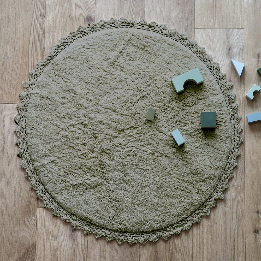 Round washable cotton rug with crochet finish PERLA OLIVE
