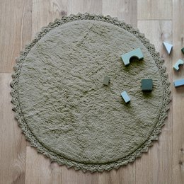 Round washable cotton rug with crochet finish PERLA OLIVE