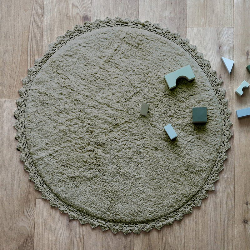 Round washable cotton rug with crochet finish PERLA OLIVE