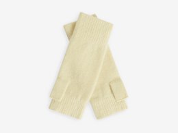  Soft, fingerless gloves in a warm yellow color. Made of a comfortable, ribbed knit material.