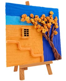 3D clay painting kit with orange house, golden tree, blue sky background, textured sensory craft project.