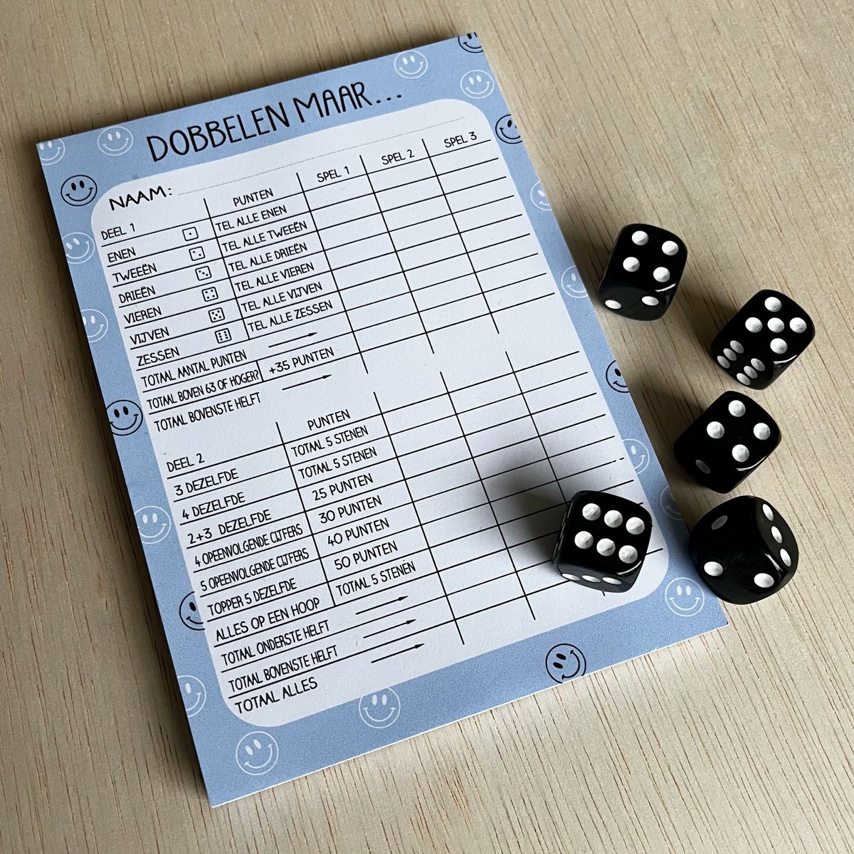 Dice block - Yahtzee - Blauw Smiley