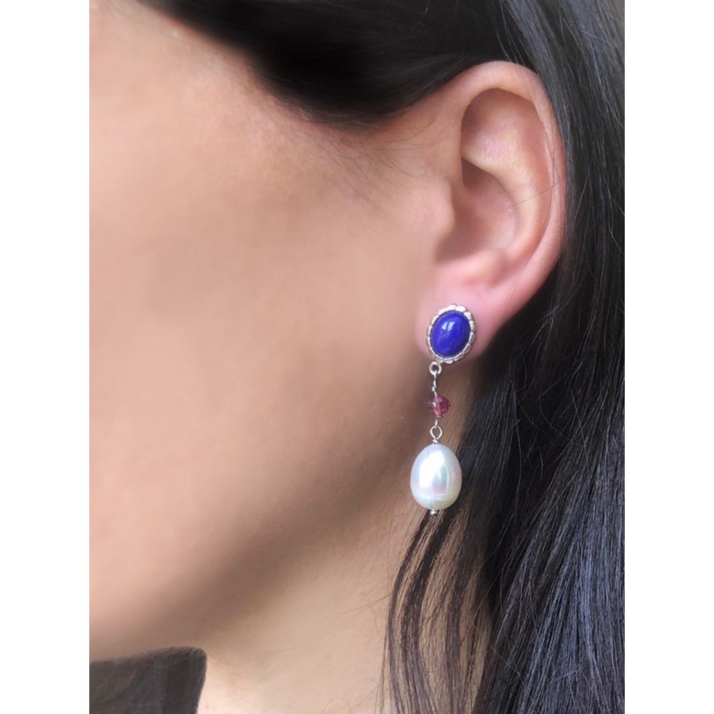 Lapis, roze kwarts en parel oorbellen