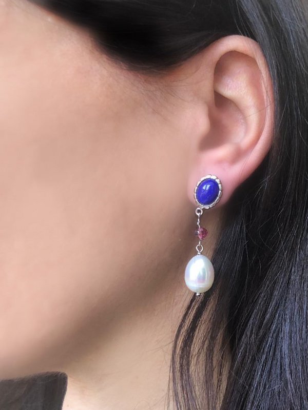 Lapis, Pink Quartz & Pearl Drop øreringe