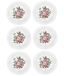  White round embroidered coasters with pink floral design, vintage style, set of six, elegant home decor.