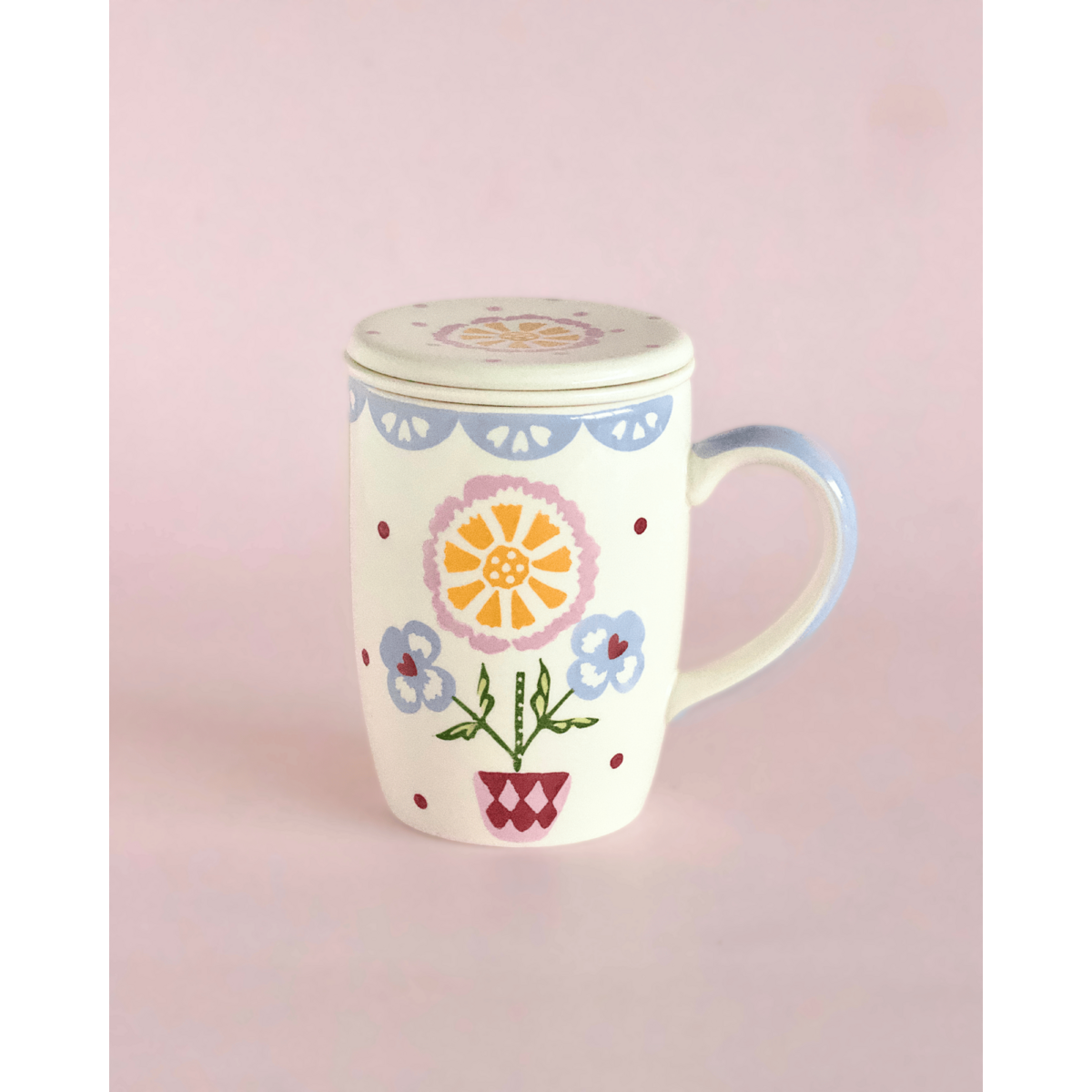 Tasse en céramique peinte à la main avec infuseur et couvercle - Motif floral, 385 ml