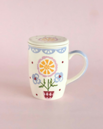 Tasse en céramique peinte à la main avec infuseur et couvercle - Motif floral, 385 ml