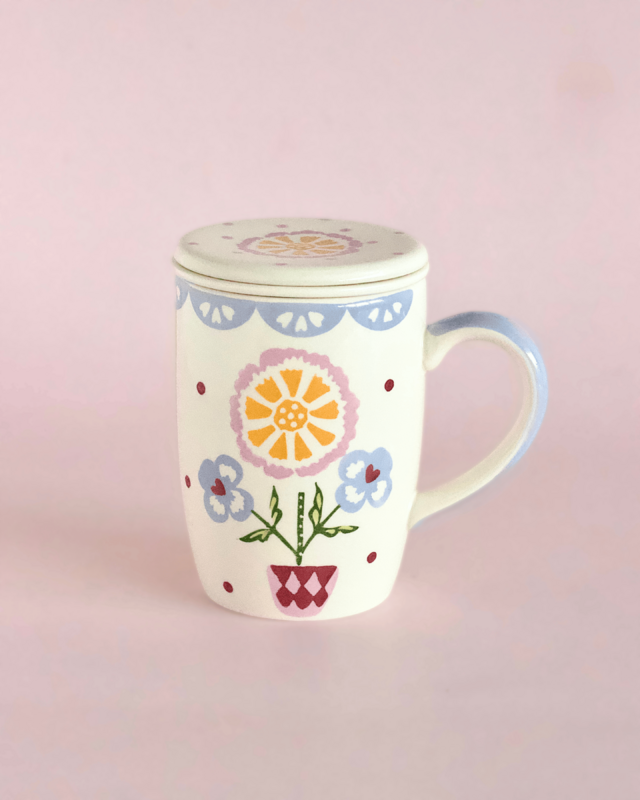 Tasse en céramique peinte à la main avec infuseur et couvercle - Motif floral, 385 ml
