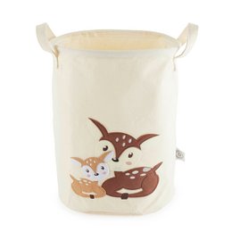  Cream-colored storage basket with deer design, suitable for kids' room or nursery. Made of durable, easy-to-clean material.