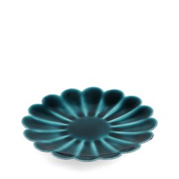 Teal blue flower-shaped enamel trinket dish with scalloped petal design, round shallow bowl.