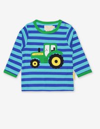 Long-sleeved striped shirt for kids, featuring a tractor appliqué design. Available in sizes 6-12 months to 5-6 years.