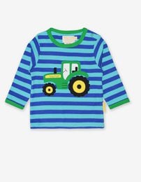 Long-sleeved striped shirt for kids, featuring a tractor appliqué design. Available in sizes 6-12 months to 5-6 years.