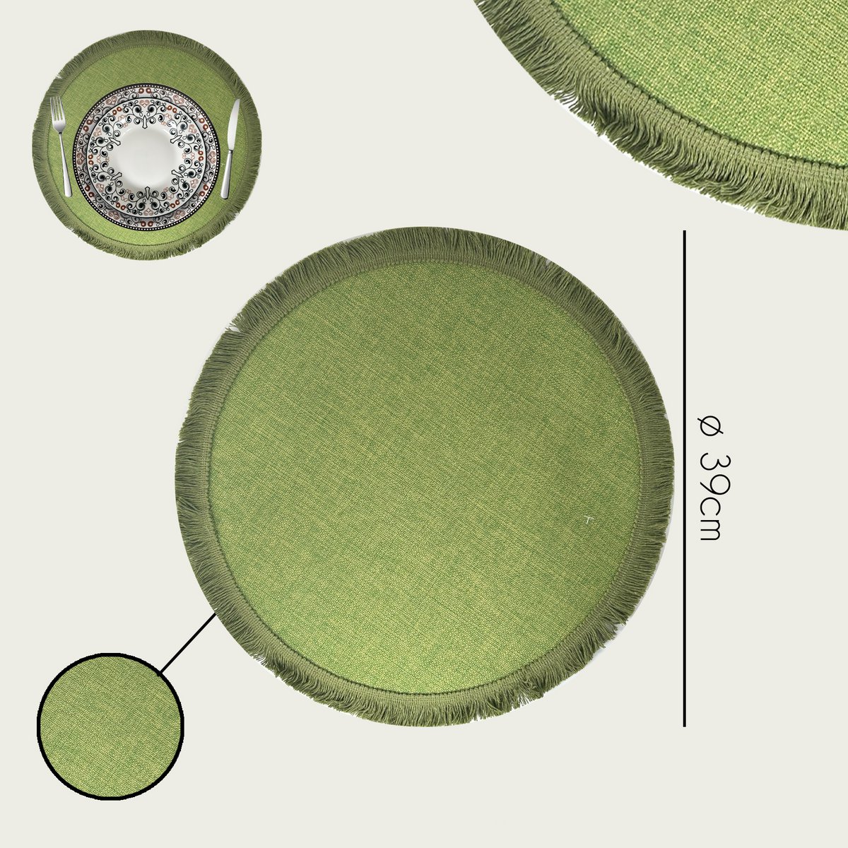 Arca TONDA Placemat Round 39cm, with fringe, green, polyester