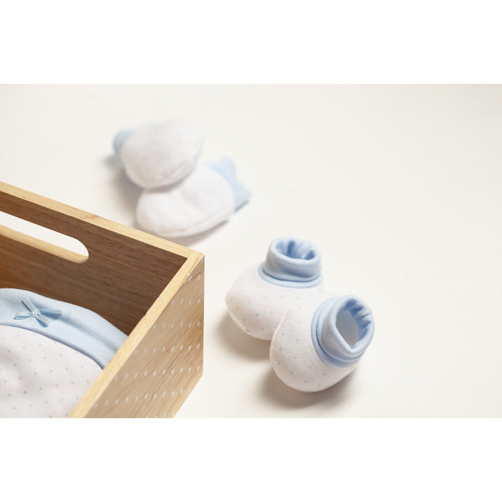 SET 4 STUKS (MUTS+HANDSCHOENEN+SLABBER+SOKKEN) VOOR NIEUWBORGEN (0-6 MAANDEN) - 100% KATOEN - MOD. BLAUW