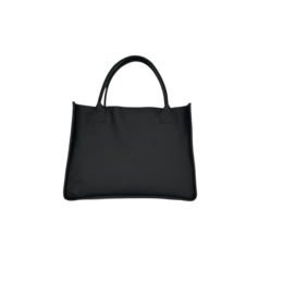 Black leather tote bag with two handles and a simple, minimalist design.