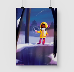 A poster depicting a young girl in a yellow raincoat standing in a snowy forest at night, with a crescent moon and a shooting star in the sky.