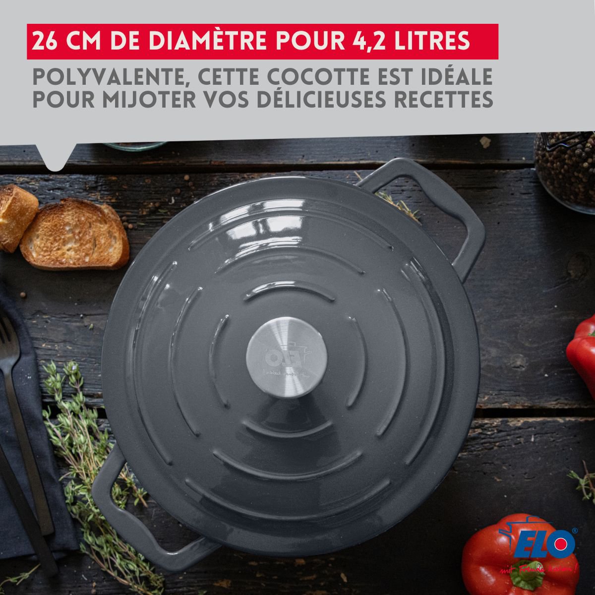 Klasyczne naczynie żaroodporne żeliwne emaliowane na szaro 26 cm 4,5 L Elo