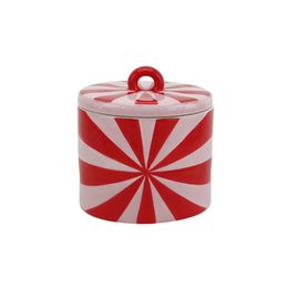 Red and white swirl sunburst pattern ceramic storage jar with lid, cylindrical shape, decorative kitchen container.