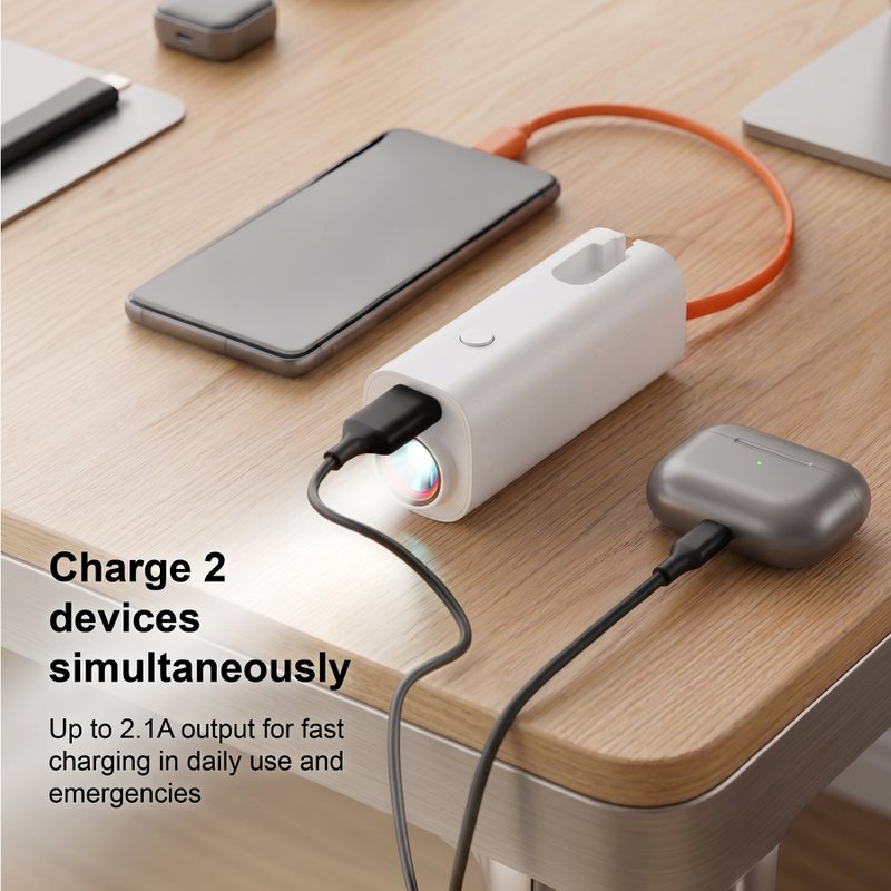 Power Bank portátil PB-008 de 5000 mAh - Blanco con cable incorporado y linterna LED