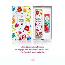 Elegant gift box containing a perfume diffuser and soft handmade linen, available in various floral and botanical scents like orange blossom, cotton flower, rose, honeysuckle, white tea, fig blossom, and more. The products are 100% made in Grasse, France.