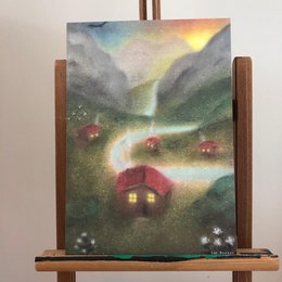 A4 Poster 'Village' depicting a scenic landscape with a village nestled in a valley surrounded by mountains and a waterfall. The poster features vibrant colors, a cozy village, and a serene natural setting.