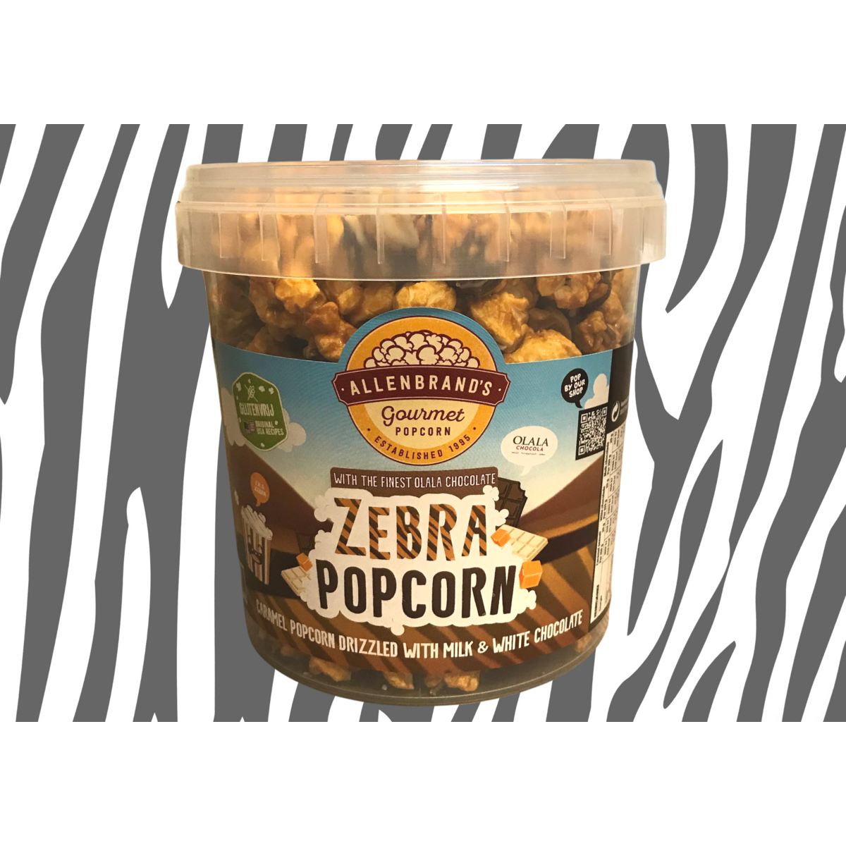Zebra Popcorn: Caramel Sea Salt coated in milk and white Chocolate