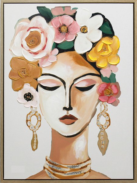 Painting with frame woman flower wreath