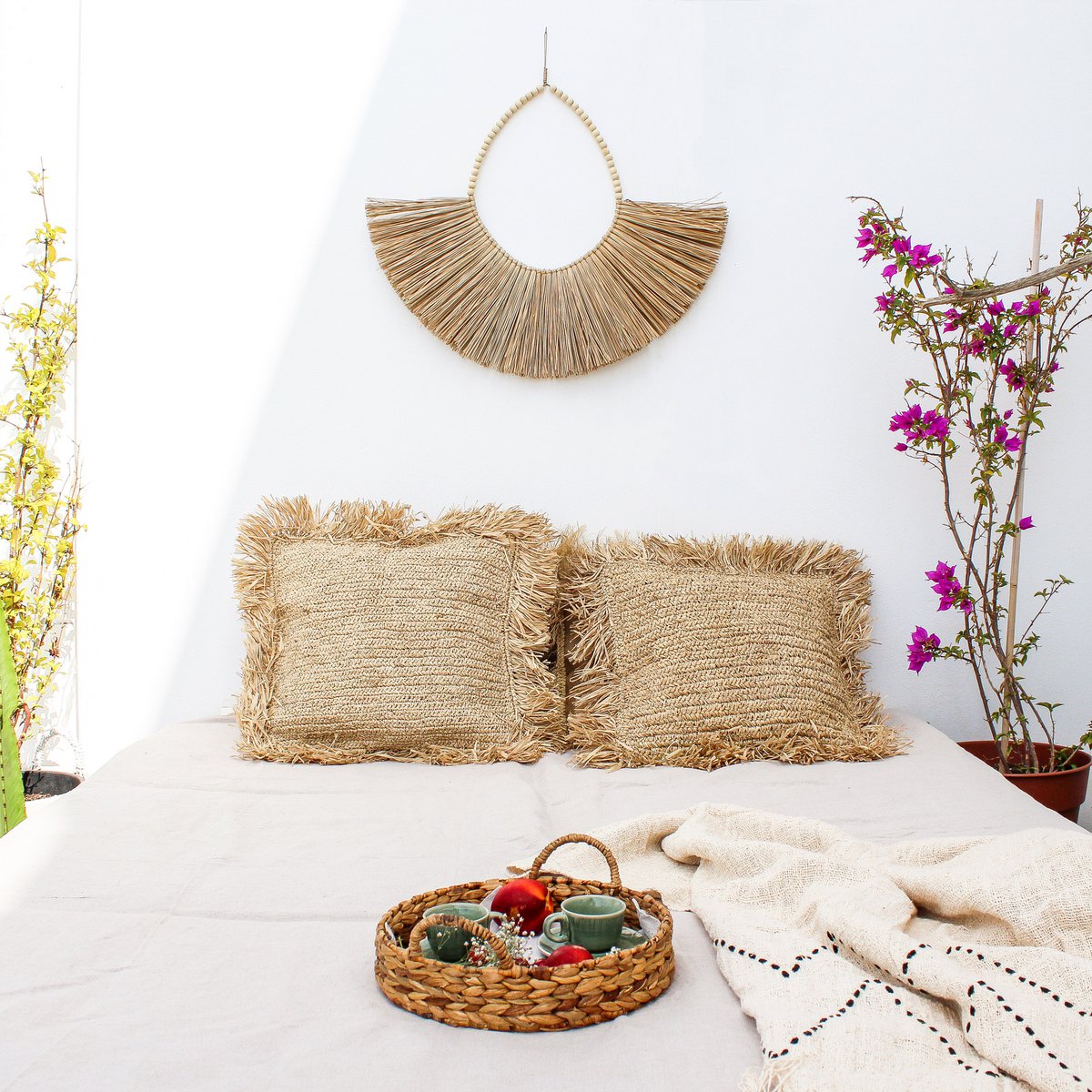 HOUSSE D'OREILLER EN RAPHIA AVEC FRANGES