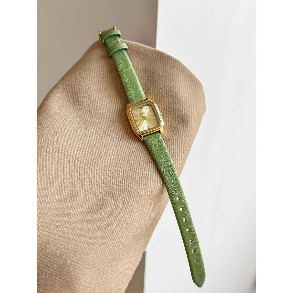 Pesto - Vintage groen leren dameshorloge