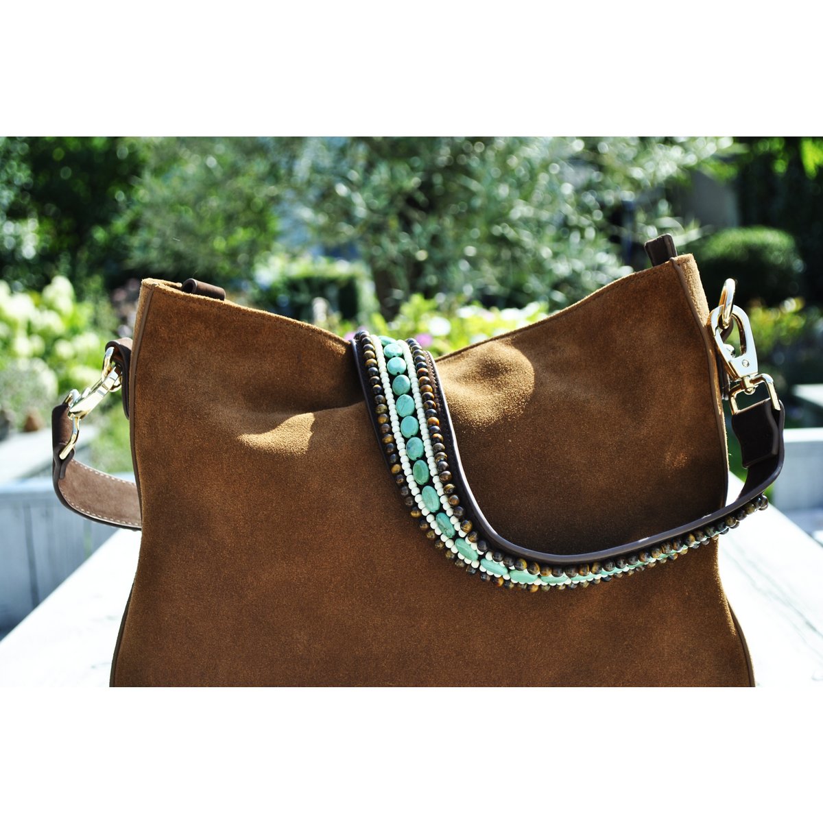 BOHO IBIZA BAG - Tracolla Tiger Turchese (70cm) + Borsa in pelle scamosciata (Cognac)