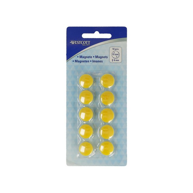 Magnet Westcott gul pakke med 10 stk. 15mmx8mm 100gr. låg: 3-4 ark 80gr. papir